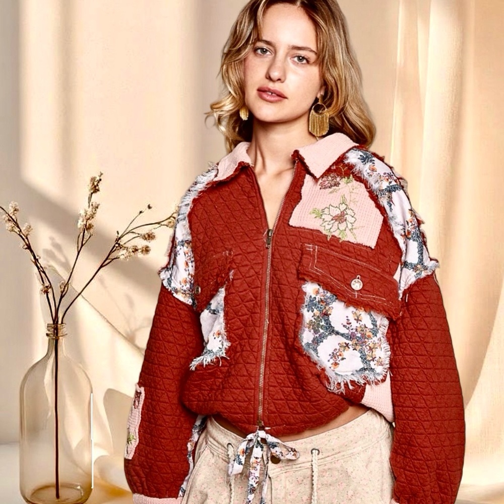 POL Quilted Patchwork Jacket Burgundy Floral Boho Cottagecore Zip Jacket - Picture 7 of 9